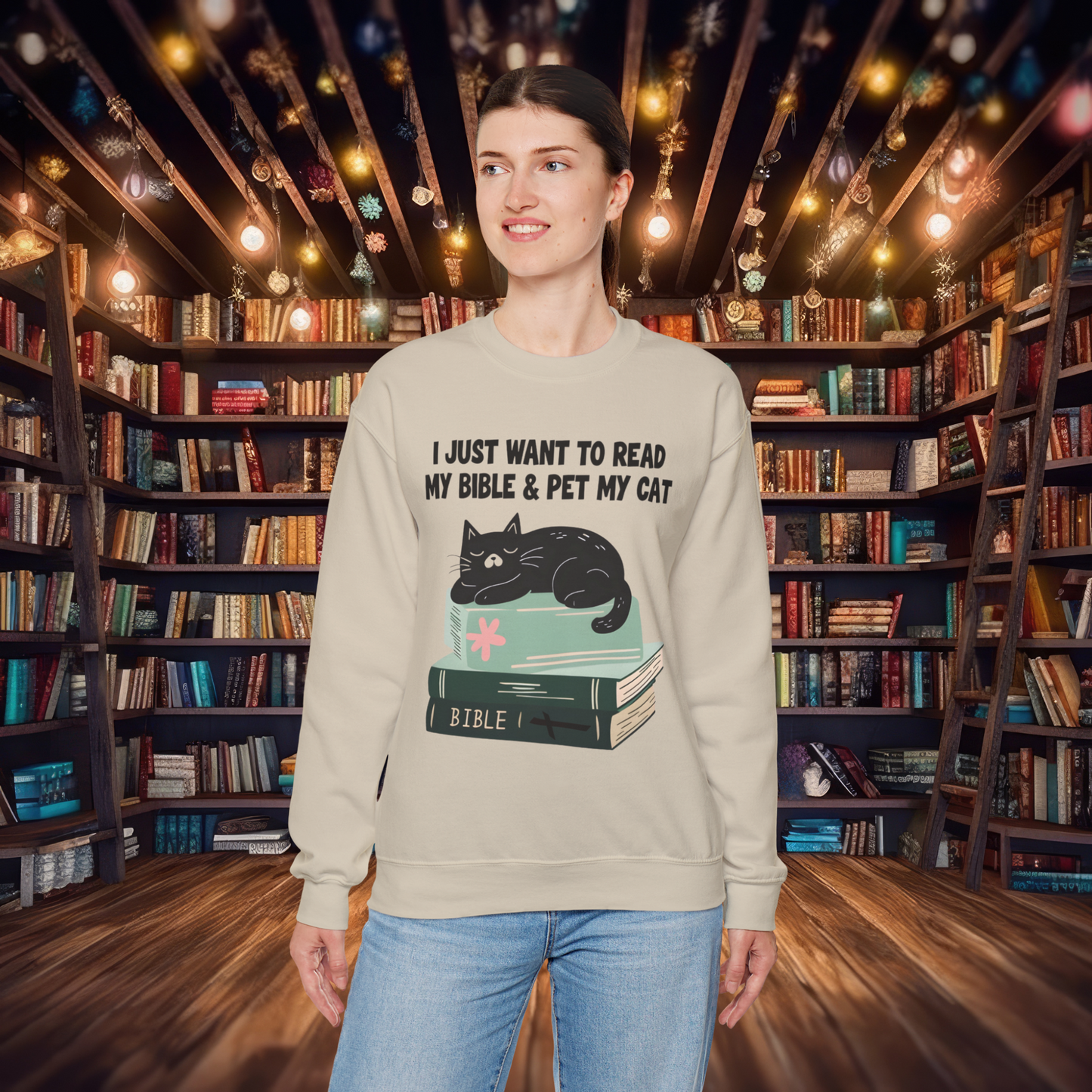 Bible and Cat Sweatshirt, Christian Cozy Crewneck, Faith and Feline Lover Gift, Cat and Scripture Apparel