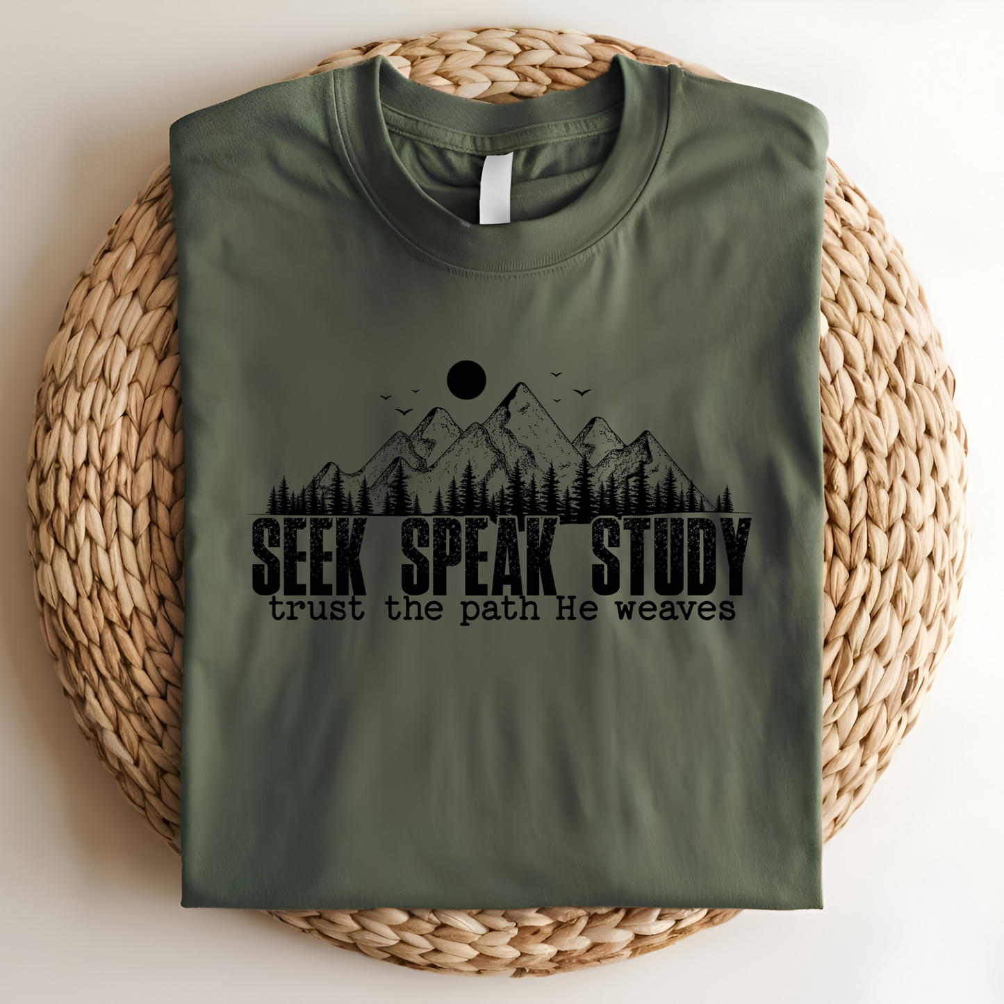 Seek Speak Study Christian T-Shirt, Trust the Path He Weaves Tee, Comfort Colors Faith Shirt, Bible Study Shirt, Hiking Christian Gift