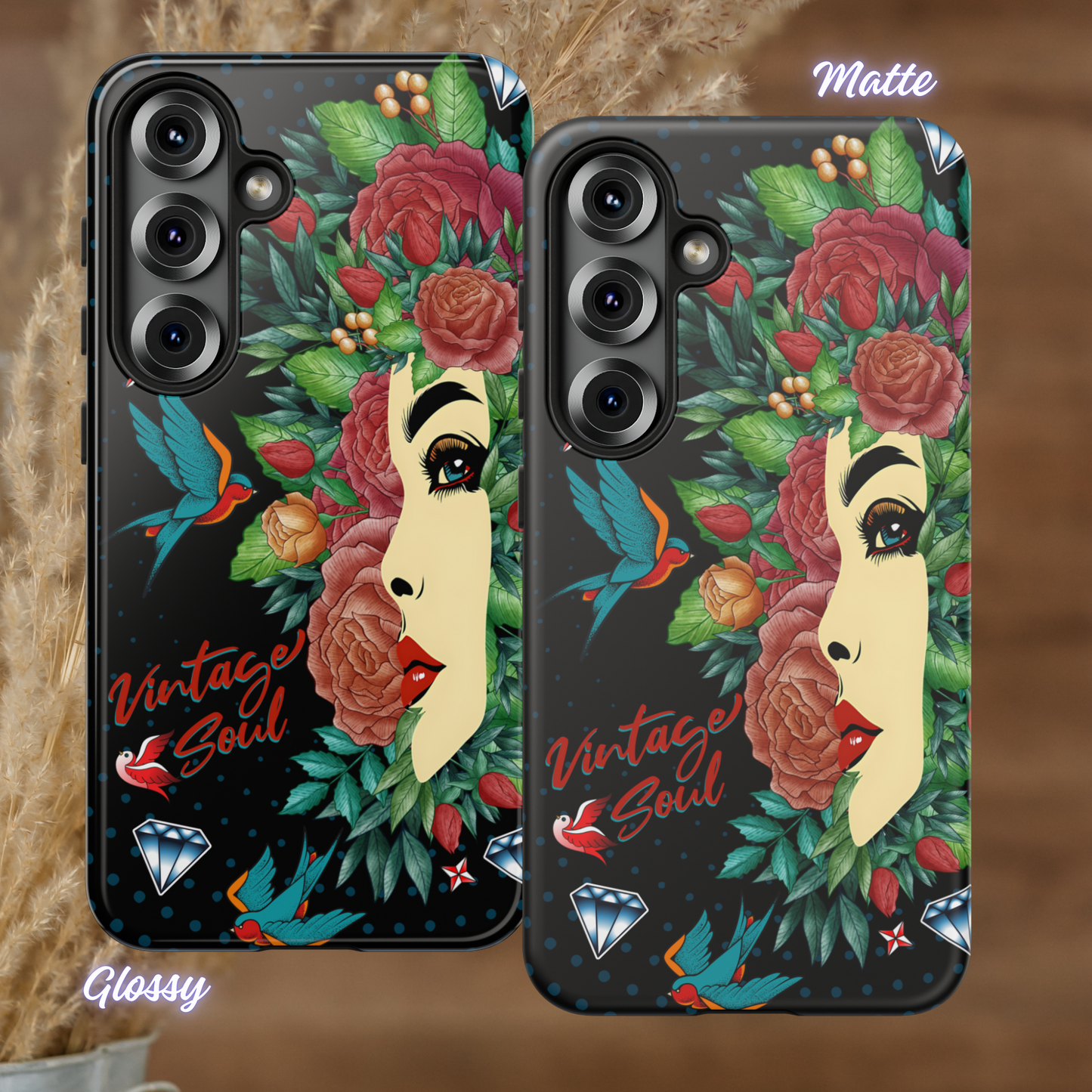 Vintage Soul Floral Phone Case, Retro Tattoo iPhone Cover, Old School Tattoo, Traditional Tattoo, iPhone Case, Samsung Case, Tough Protective Cover