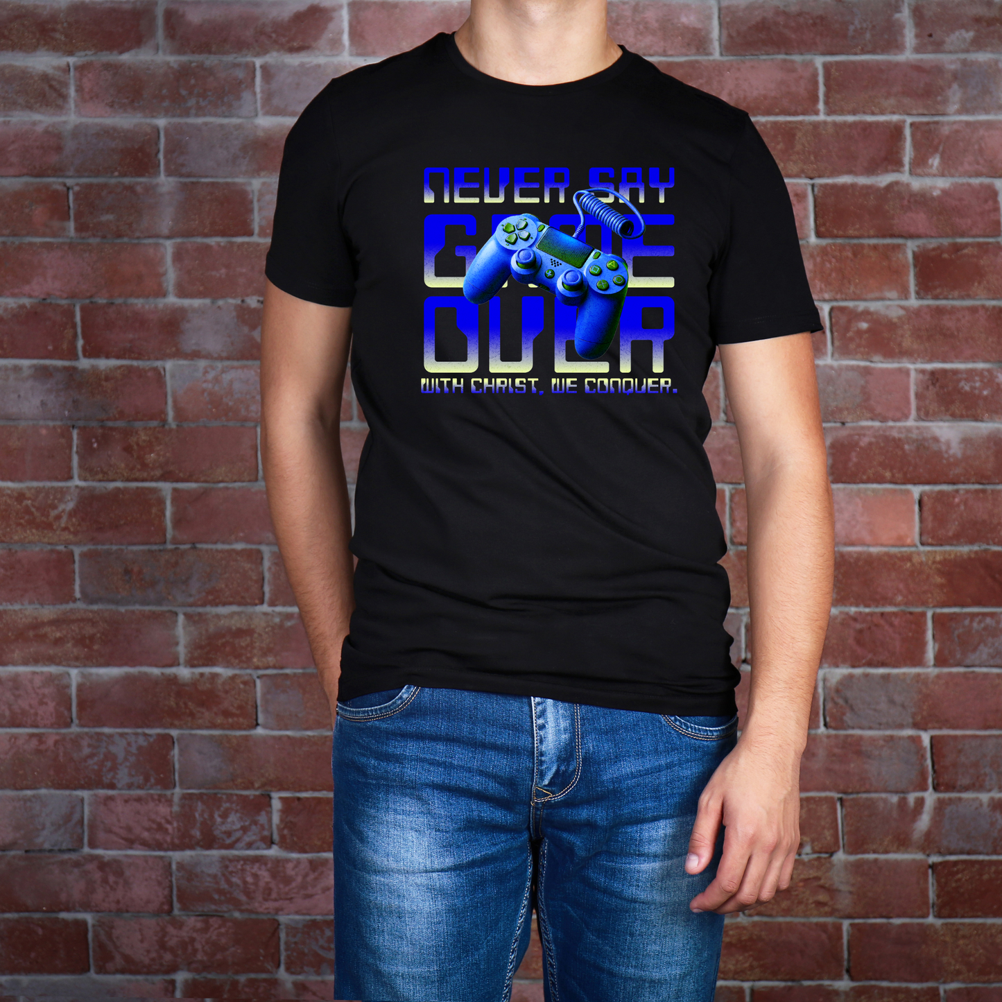 Never Say Game Over Blue Christian Gamer T-Shirt, Faith-Based Video Game Shirt for Men & Women, With Christ We Conquer Tee