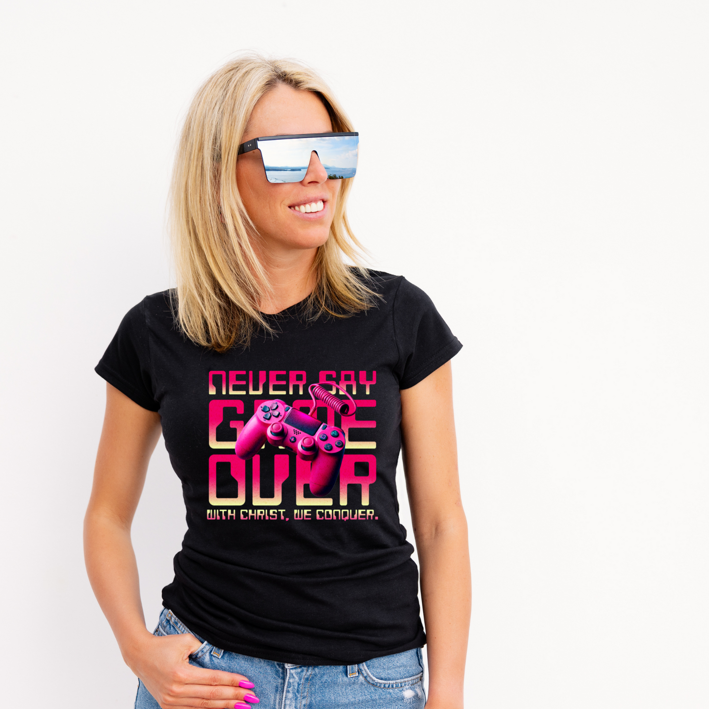 Never Say Game Over Pink Christian Gamer T-Shirt, Faith-Based Video Game Shirt for Men & Women, With Christ We Conquer Tee