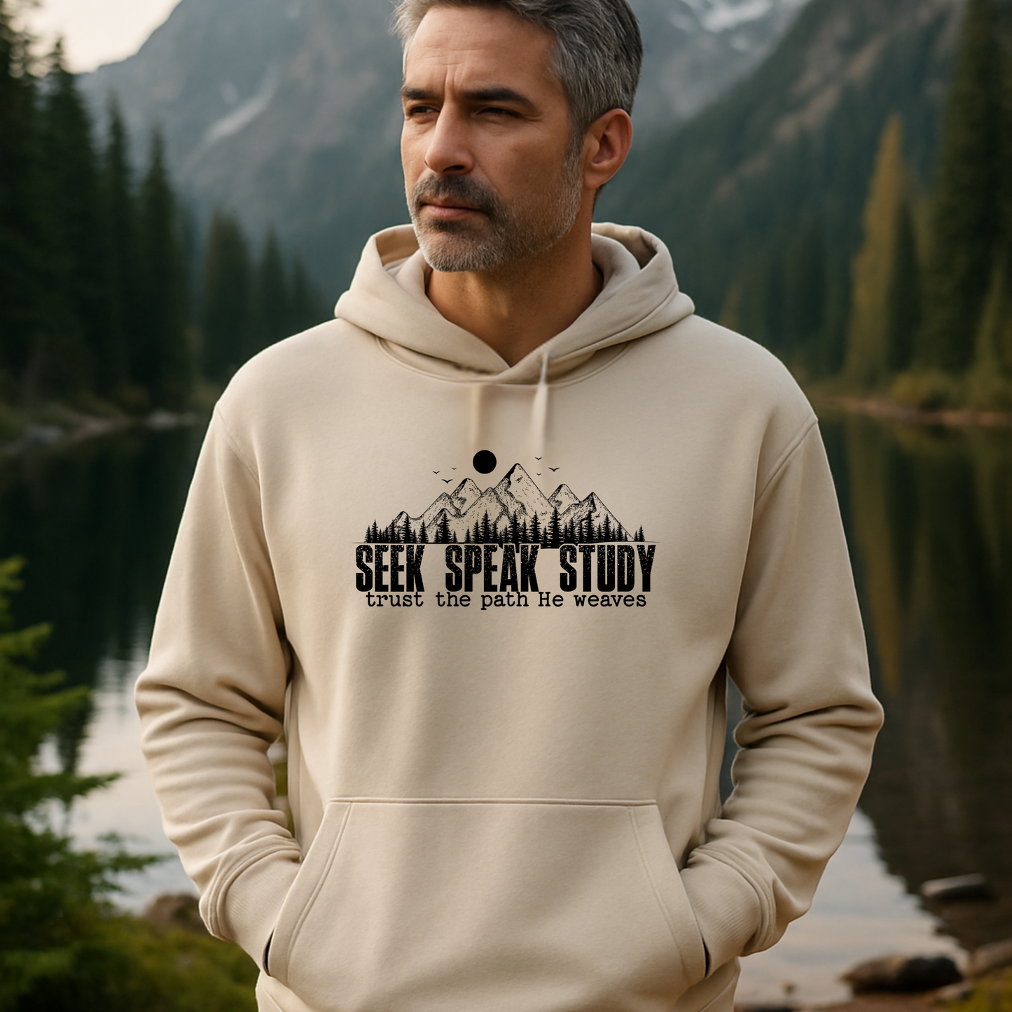 Seek Speak Study, Trust the Path He Weaves Christian Mountain Hoodie, Inspirational Hoodie, Outdoors, and Everyday Wear