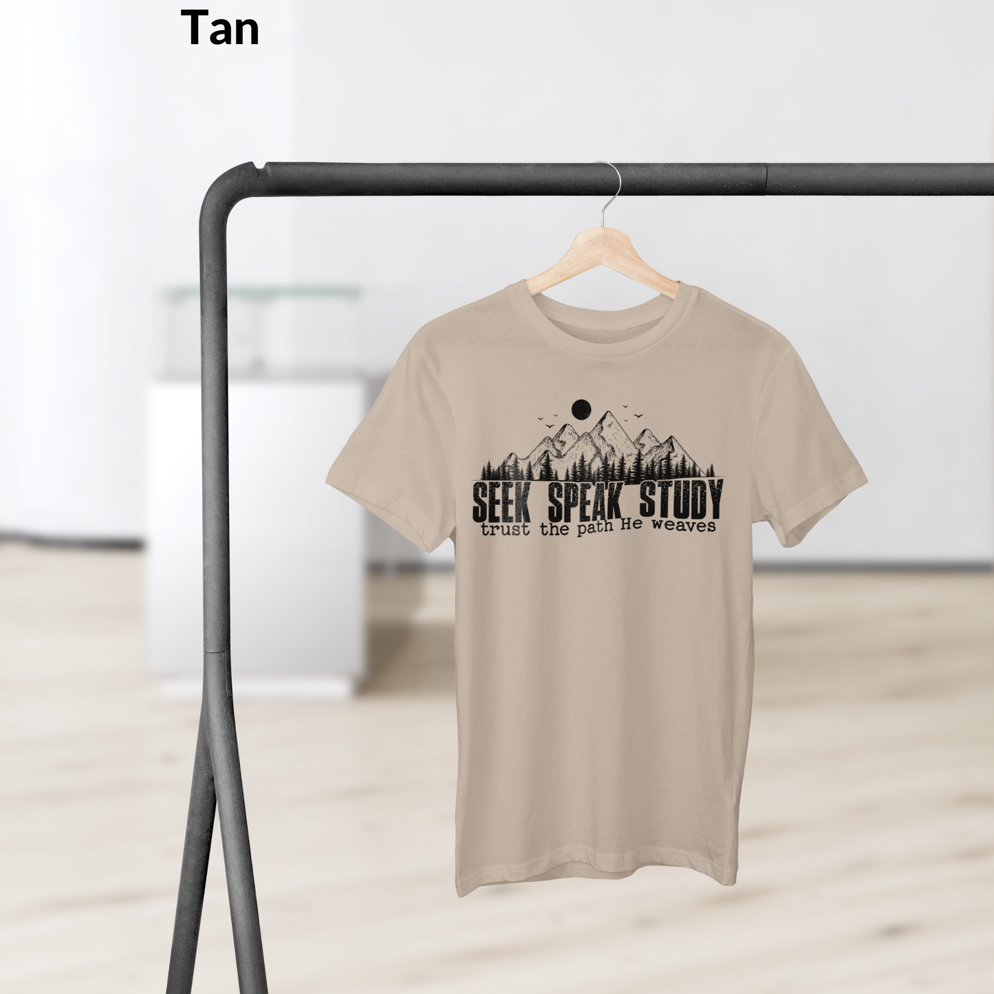 Seek Speak Study Christian T-Shirt, Faith Outdoors Shirt, Trust the Path He Weaves Tee, Hiking Scripture Shirt, Bible Verse Mountain Tee