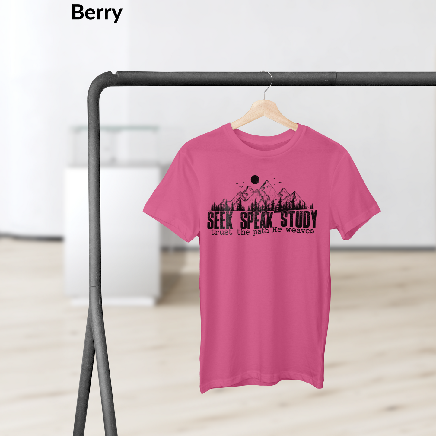 Seek Speak Study Christian T-Shirt, Faith Outdoors Shirt, Trust the Path He Weaves Tee, Hiking Scripture Shirt, Bible Verse Mountain Tee
