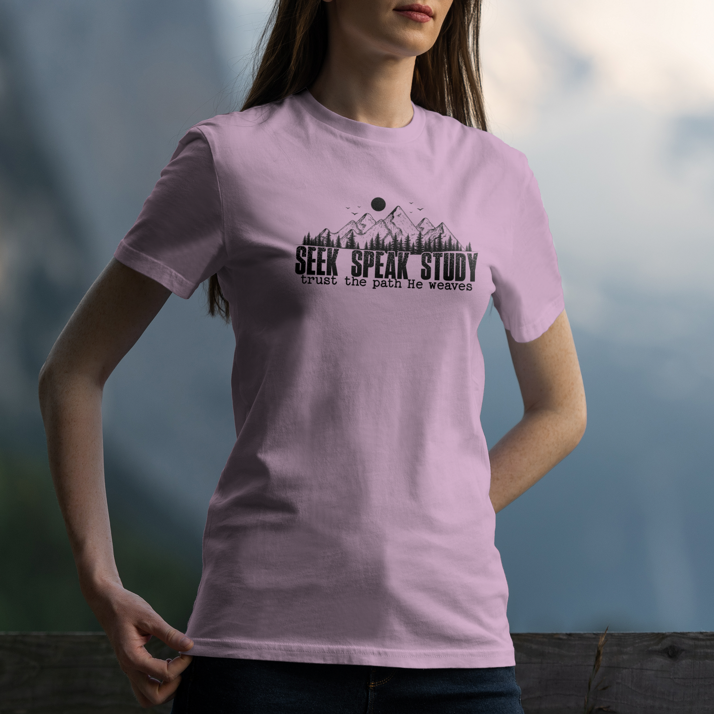 Seek Speak Study Christian T-Shirt, Faith Outdoors Shirt, Trust the Path He Weaves Tee, Hiking Scripture Shirt, Bible Verse Mountain Tee