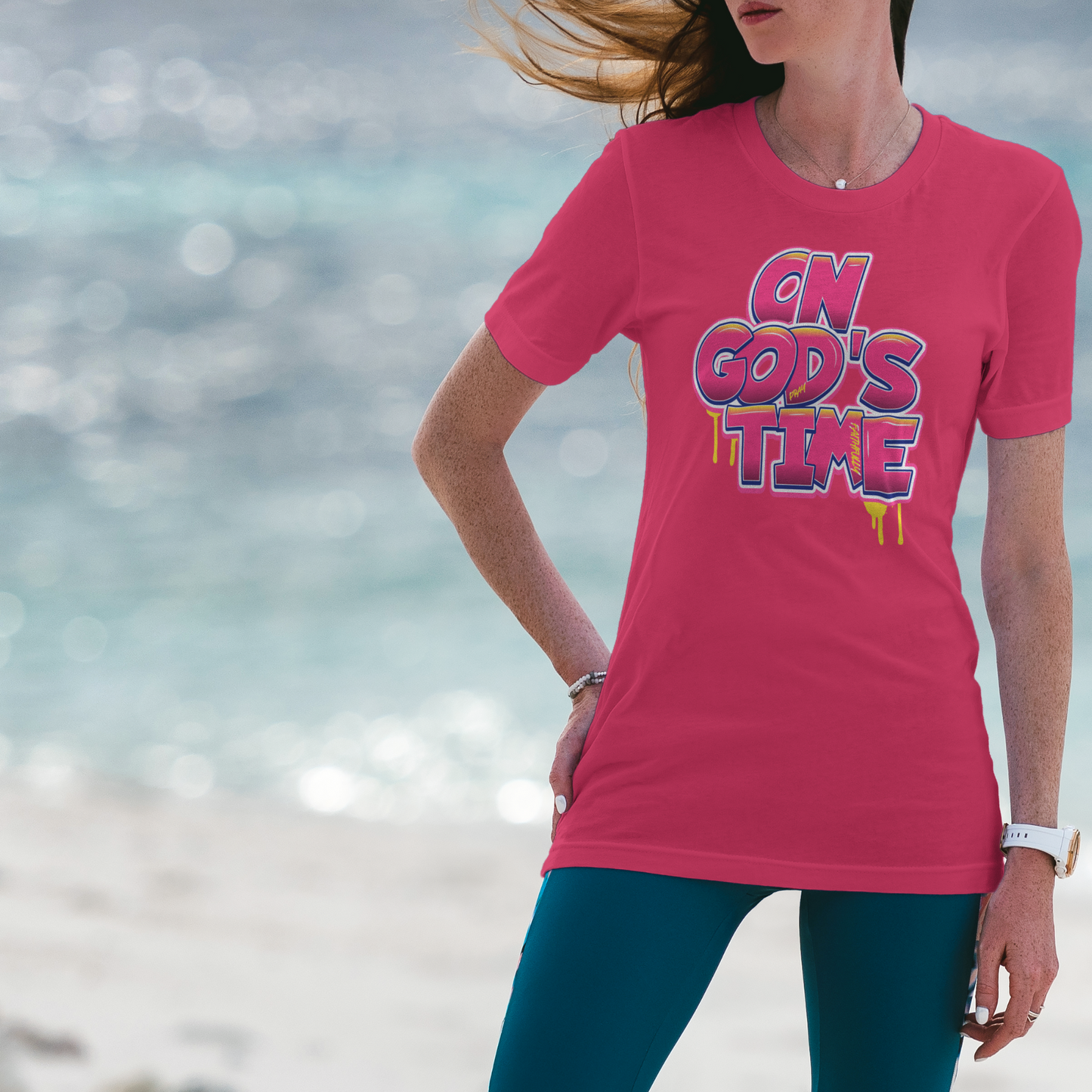 On God’s Time Graffiti Shirt, Christian Streetwear Tee, Bold Faith Drip Style T-Shirt, Urban Scripture Shirt, Fuchsia Jesus Graphic Tee
