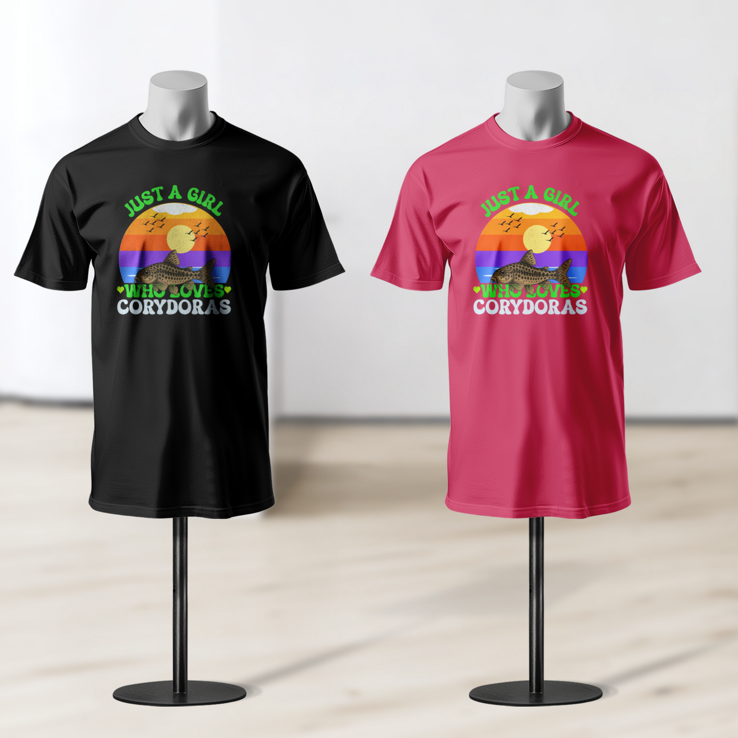 Just a Girl Who Loves Corydoras Shirt, Cute Catfish Tee for Aquarium Lovers, Retro Sunset Fish Lover Gift, Corydora T-Shirt for Women
