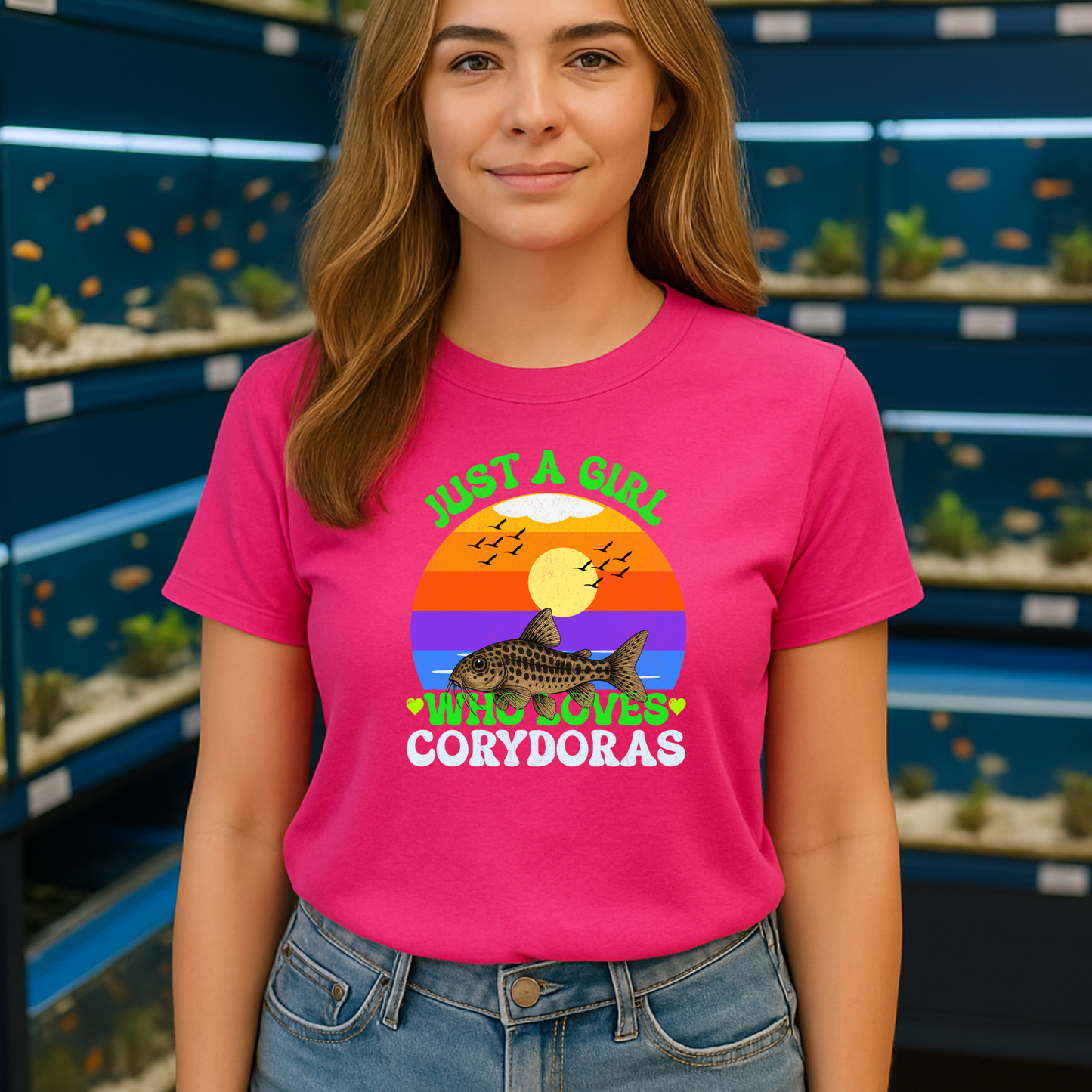 Just a Girl Who Loves Corydoras Shirt, Cute Catfish Tee for Aquarium Lovers, Retro Sunset Fish Lover Gift, Corydora T-Shirt for Women