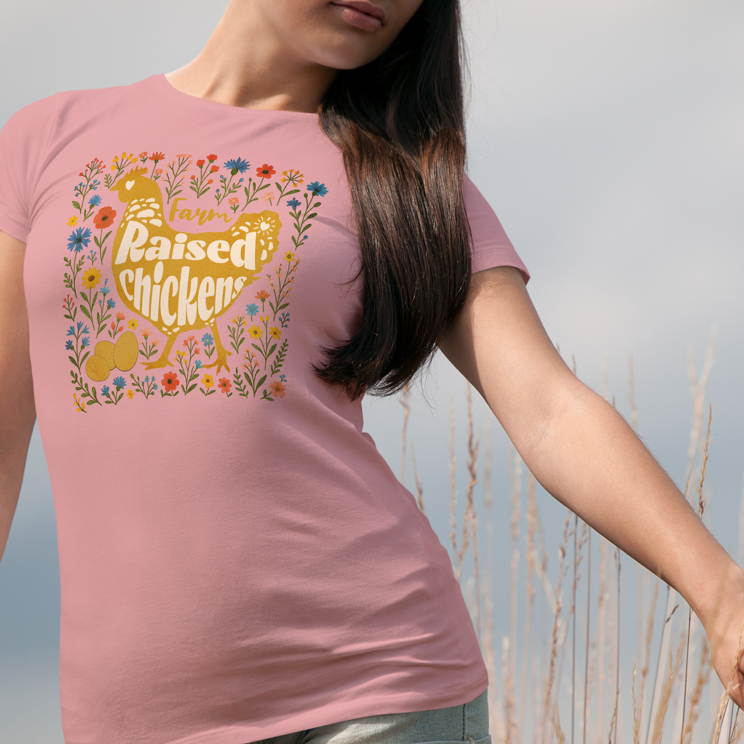 Farm Raised Chickens Shirt, Cute Country Farm Graphic Tee, Backyard Chicken Lover Gift, Boho Floral Chicken T-Shirt for Women