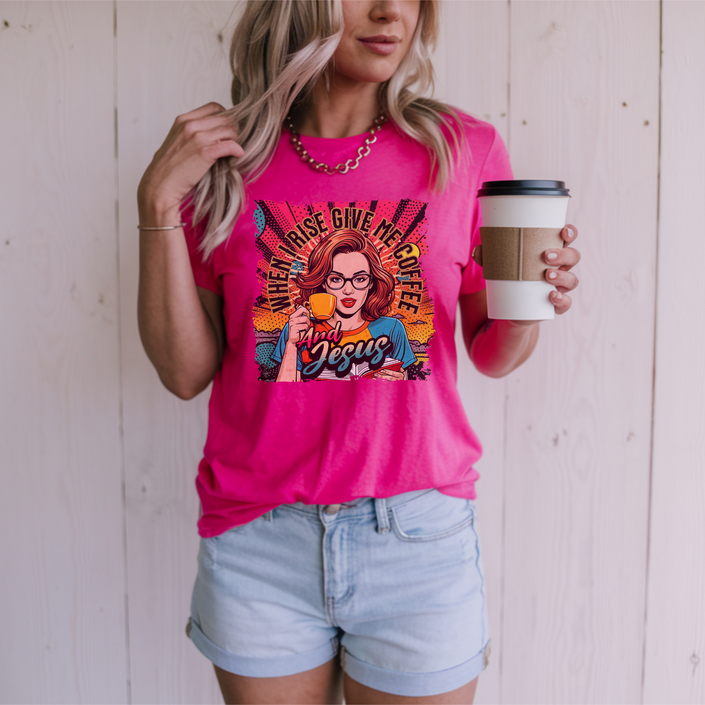 When I Rise Give Me Coffee and Jesus Shirt, Retro Christian Graphic Tee, Pop Art Jesus and Coffee T-Shirt for Women, Faith and Caffeine Gift