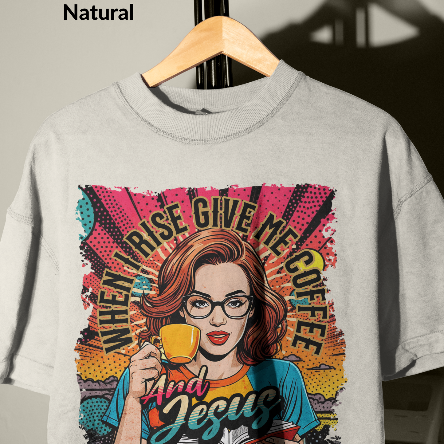 When I Rise Give Me Coffee and Jesus Shirt, Retro Christian Graphic Tee, Pop Art Jesus and Coffee T-Shirt for Women, Faith and Caffeine Gift