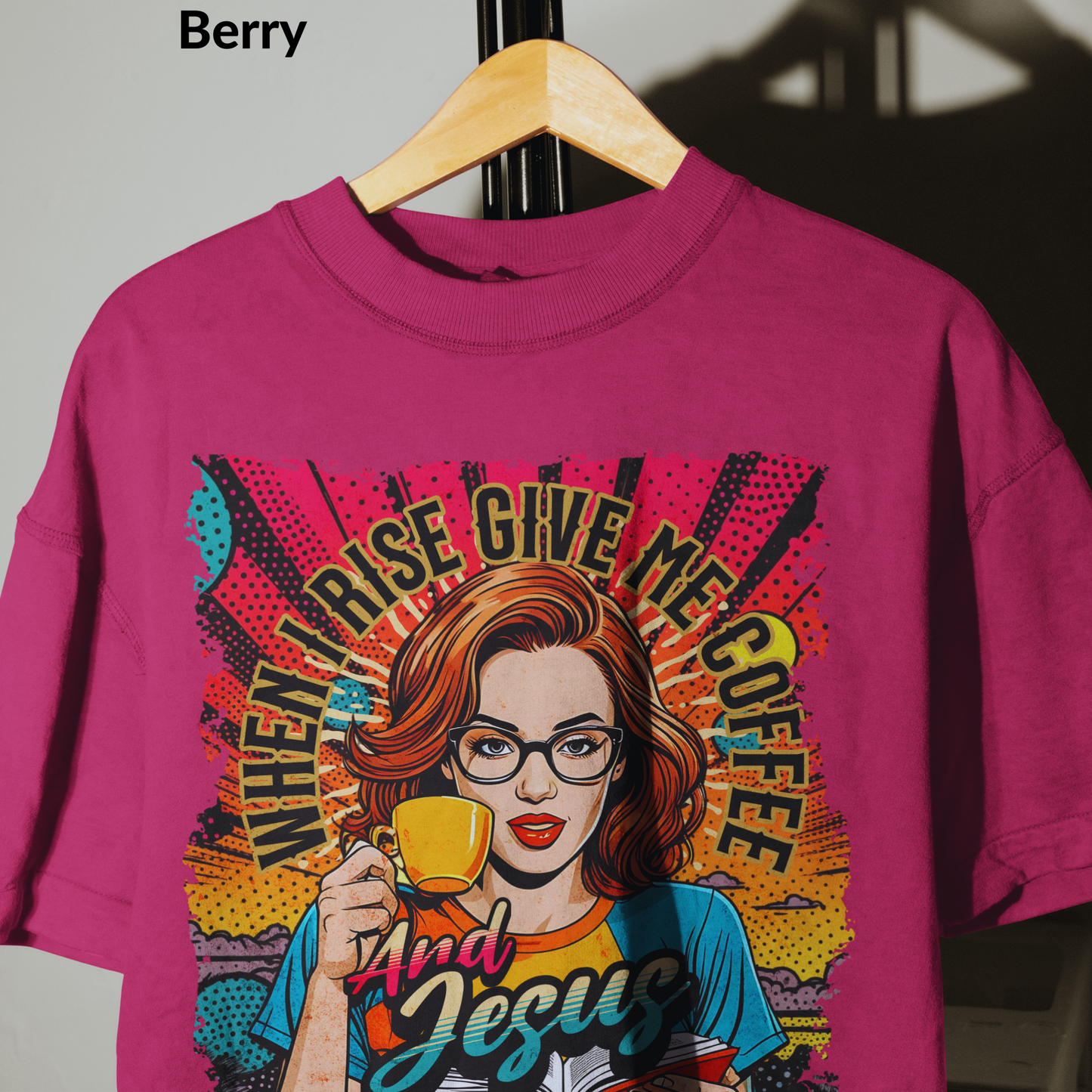 When I Rise Give Me Coffee and Jesus Shirt, Retro Christian Graphic Tee, Pop Art Jesus and Coffee T-Shirt for Women, Faith and Caffeine Gift