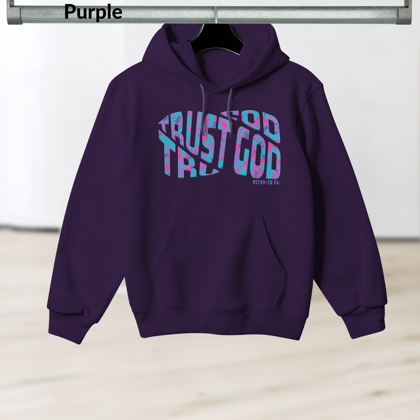 Trust God Camo Hoodie, Christian Faith Heavy Blend Sweatshirt, MSTRD•SD Co. Bold Graphic Pullover, Unisex Scripture Hoodie, Religious Streetwear