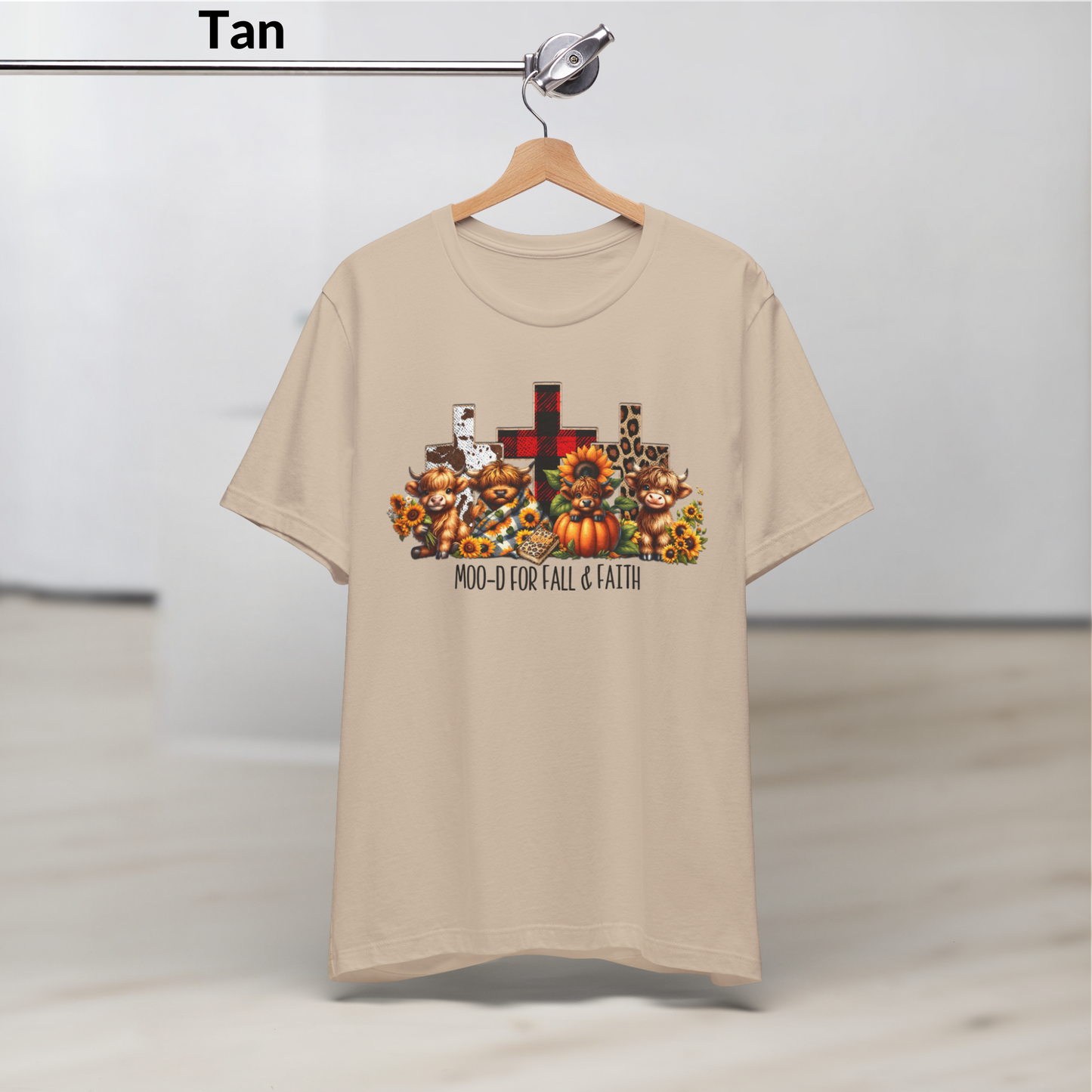Moo-d for Fall & Faith Shirt, Highland Cow Fall Christian Tee, Autumn Jesus T-Shirt with Crosses and Pumpkins, Short Sleeve Faith Shirt