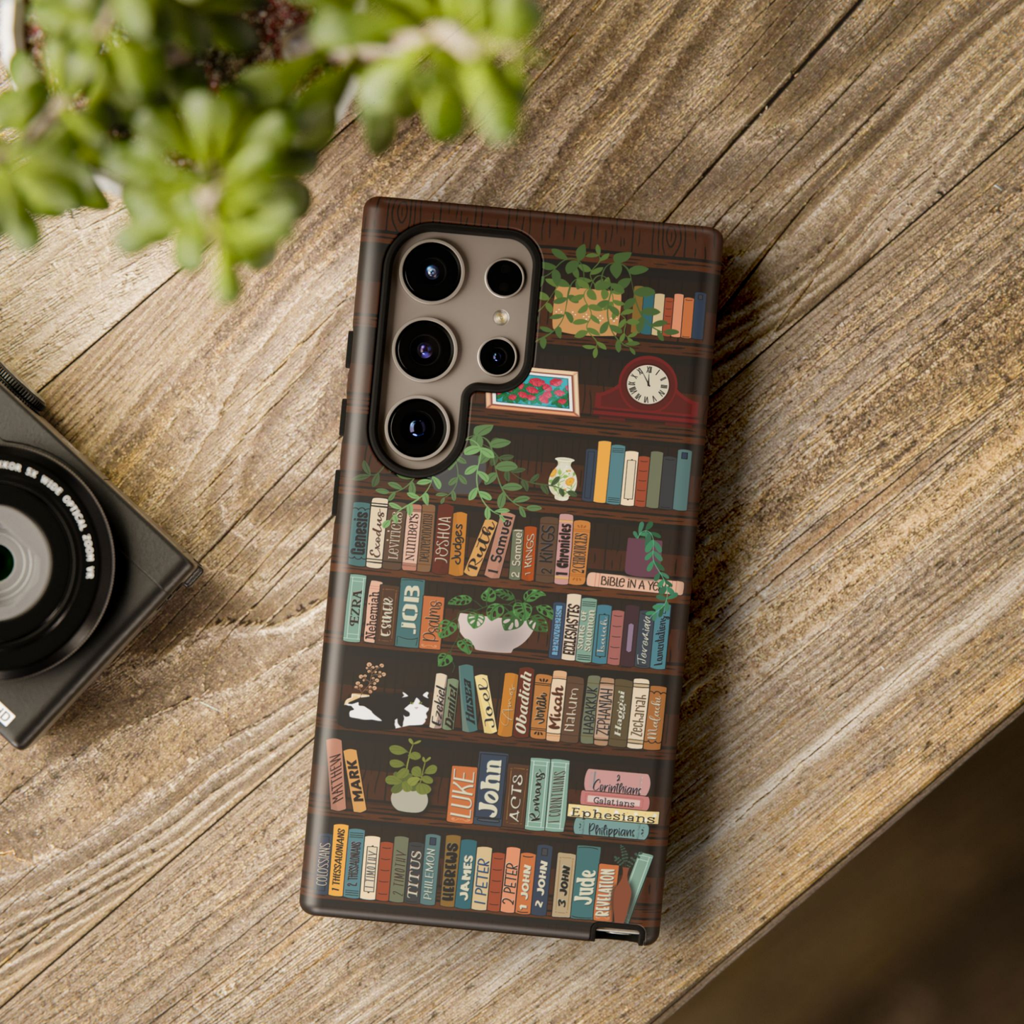 Books of the Bible Bookshelf Phone Case – Faith-Based Scripture Design for iPhone, Samsung, Pixel | Christian Book Stack Case