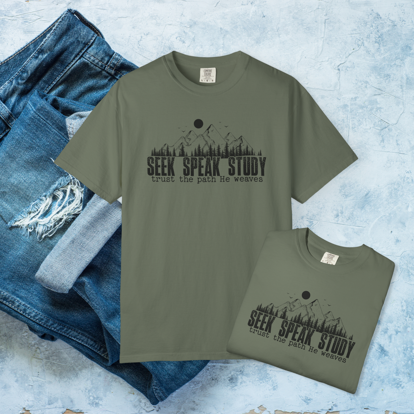 Seek Speak Study Christian T-Shirt, Trust the Path He Weaves Tee, Comfort Colors Faith Shirt, Bible Study Shirt, Hiking Christian Gift