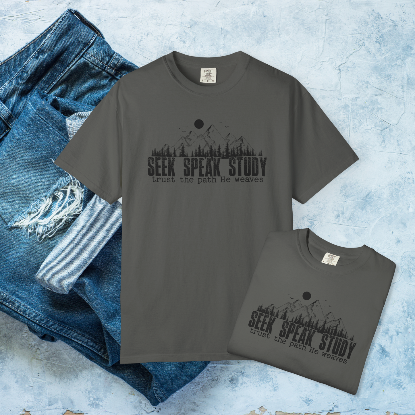 Seek Speak Study Christian T-Shirt, Trust the Path He Weaves Tee, Comfort Colors Faith Shirt, Bible Study Shirt, Hiking Christian Gift