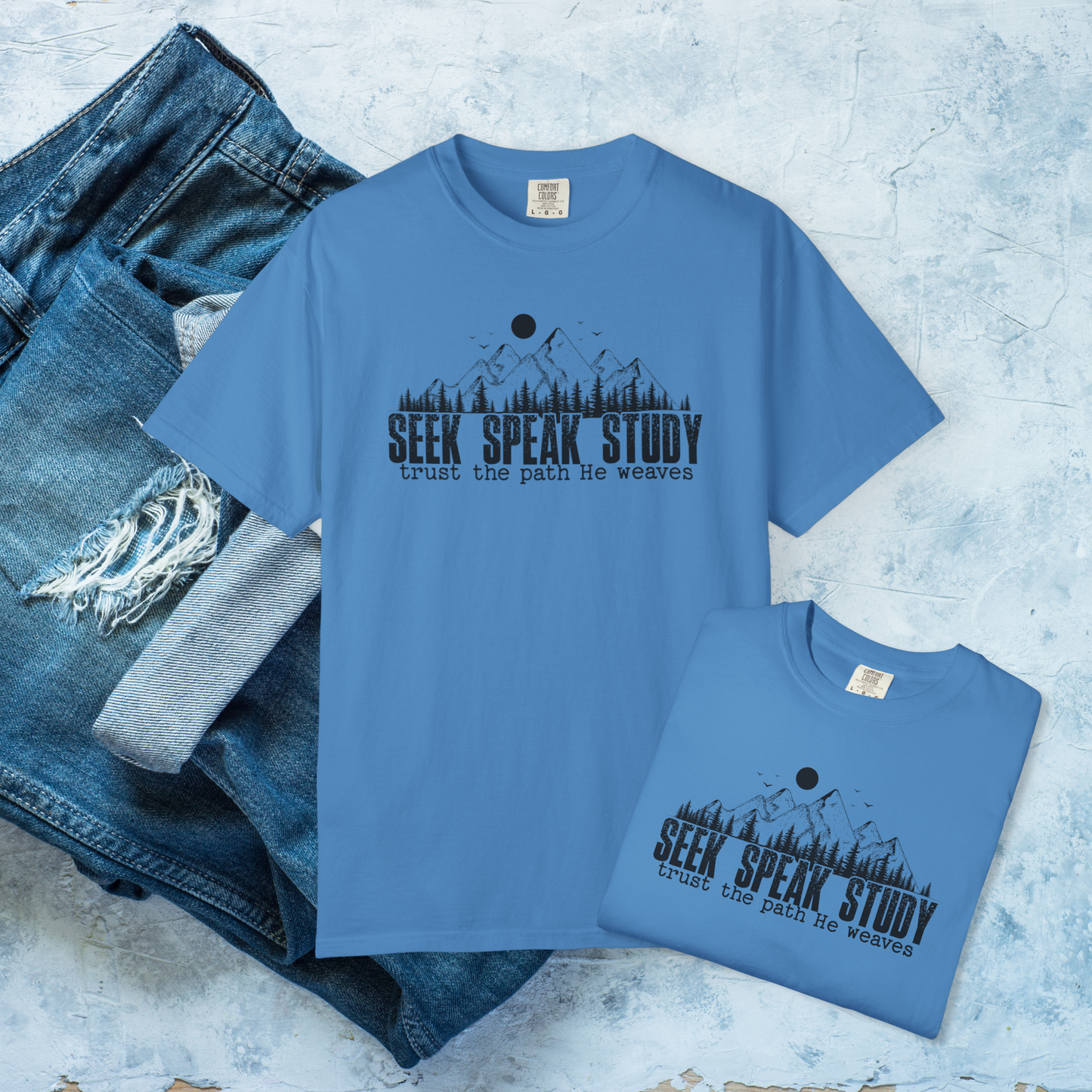 Seek Speak Study Christian T-Shirt, Trust the Path He Weaves Tee, Comfort Colors Faith Shirt, Bible Study Shirt, Hiking Christian Gift