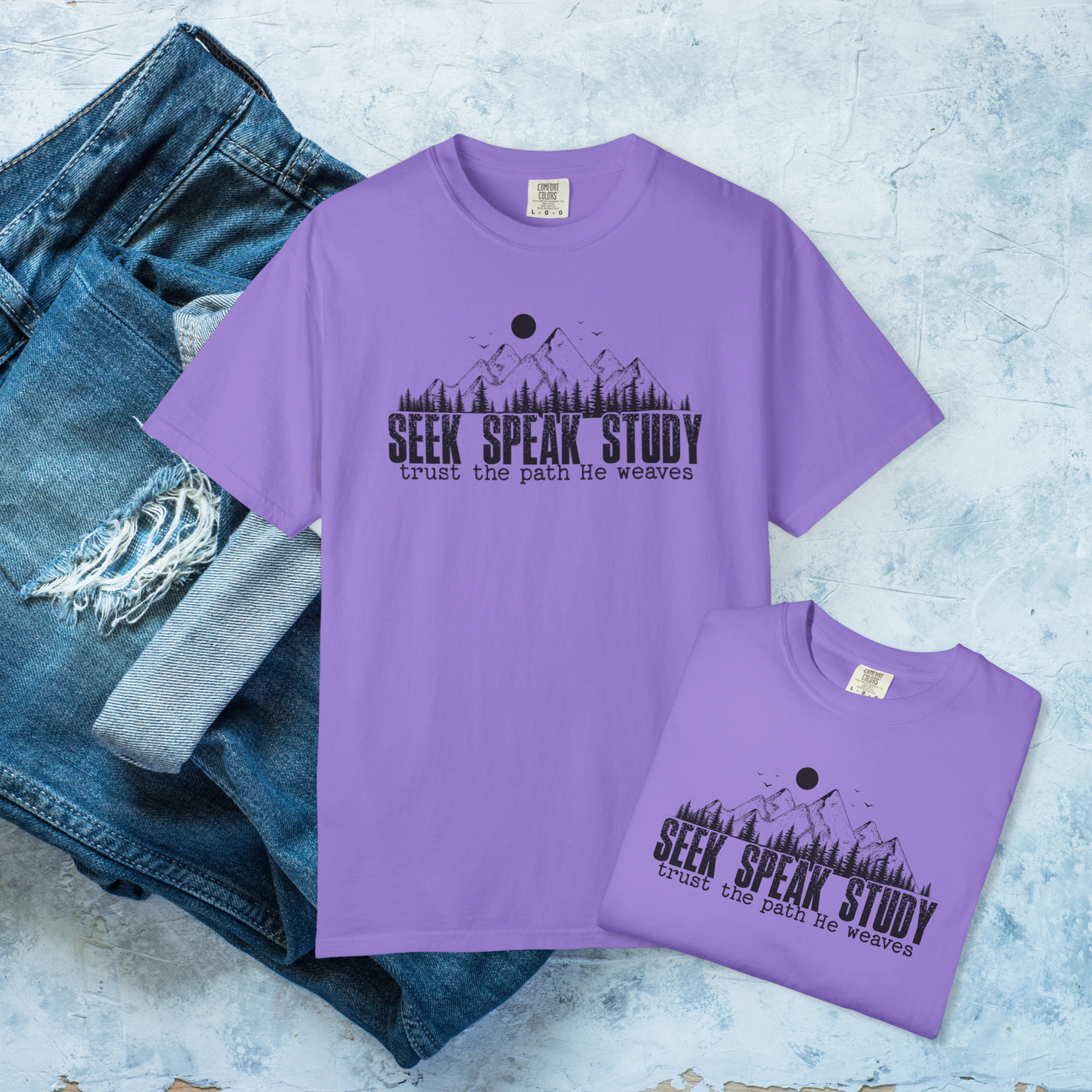 Seek Speak Study Christian T-Shirt, Trust the Path He Weaves Tee, Comfort Colors Faith Shirt, Bible Study Shirt, Hiking Christian Gift