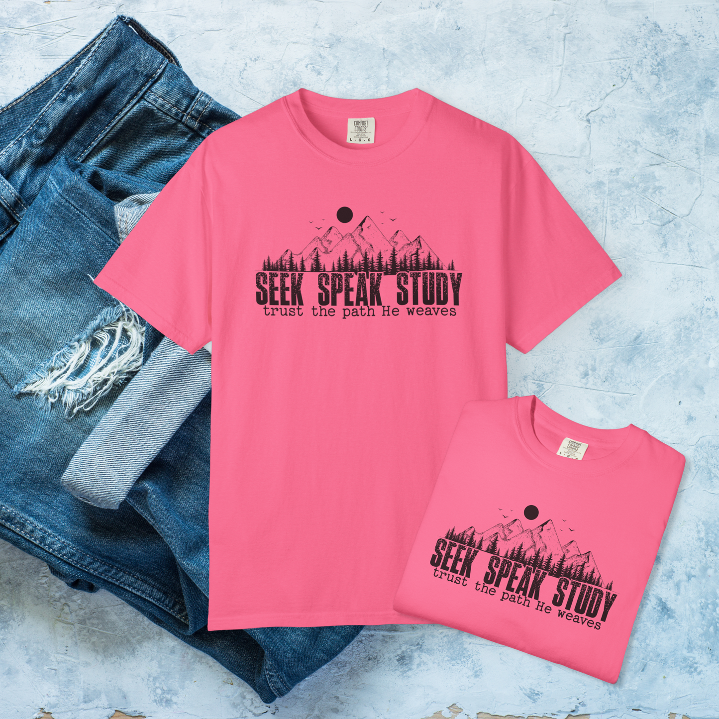 Seek Speak Study Christian T-Shirt, Trust the Path He Weaves Tee, Comfort Colors Faith Shirt, Bible Study Shirt, Hiking Christian Gift