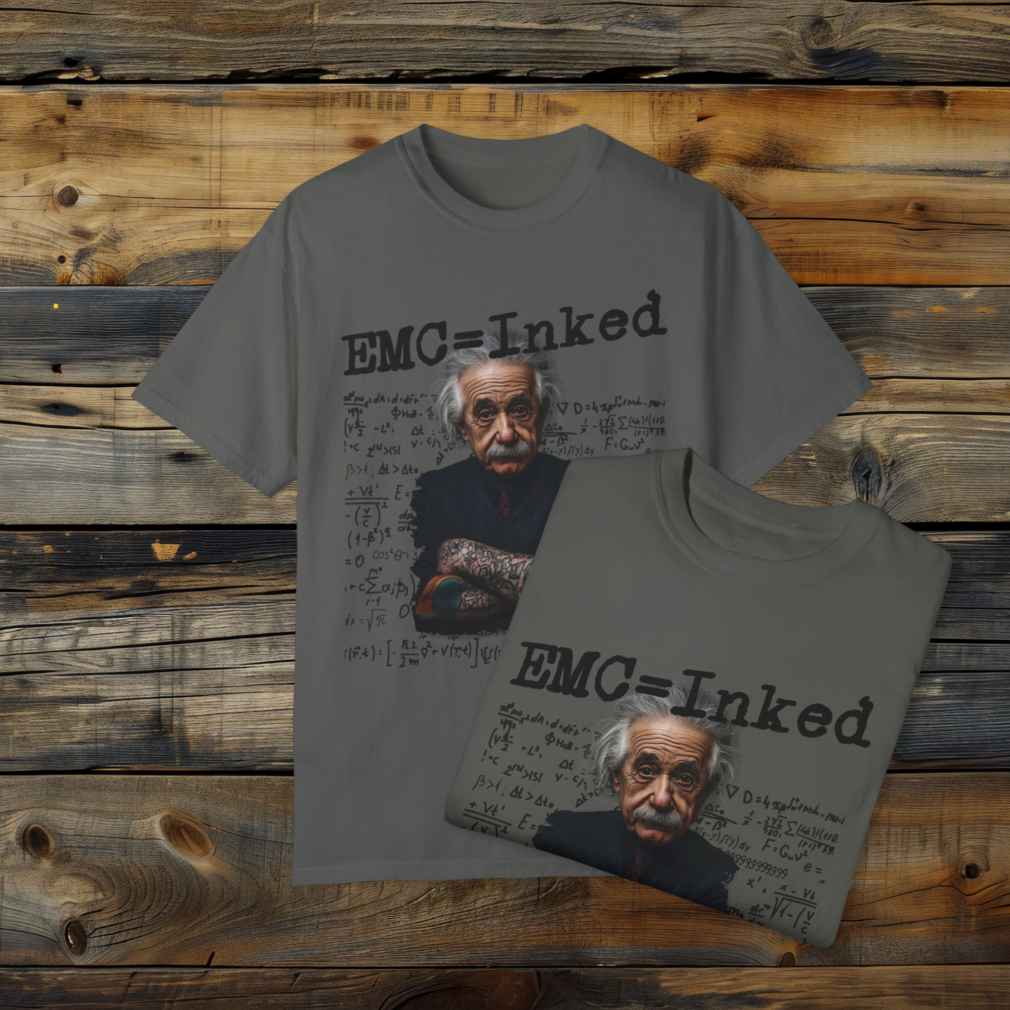 EMC=Inked T-Shirt, Tattooed Einstein Graphic Tee, Funny Science and Math Humor Shirt, Unique Physics Lover Apparel