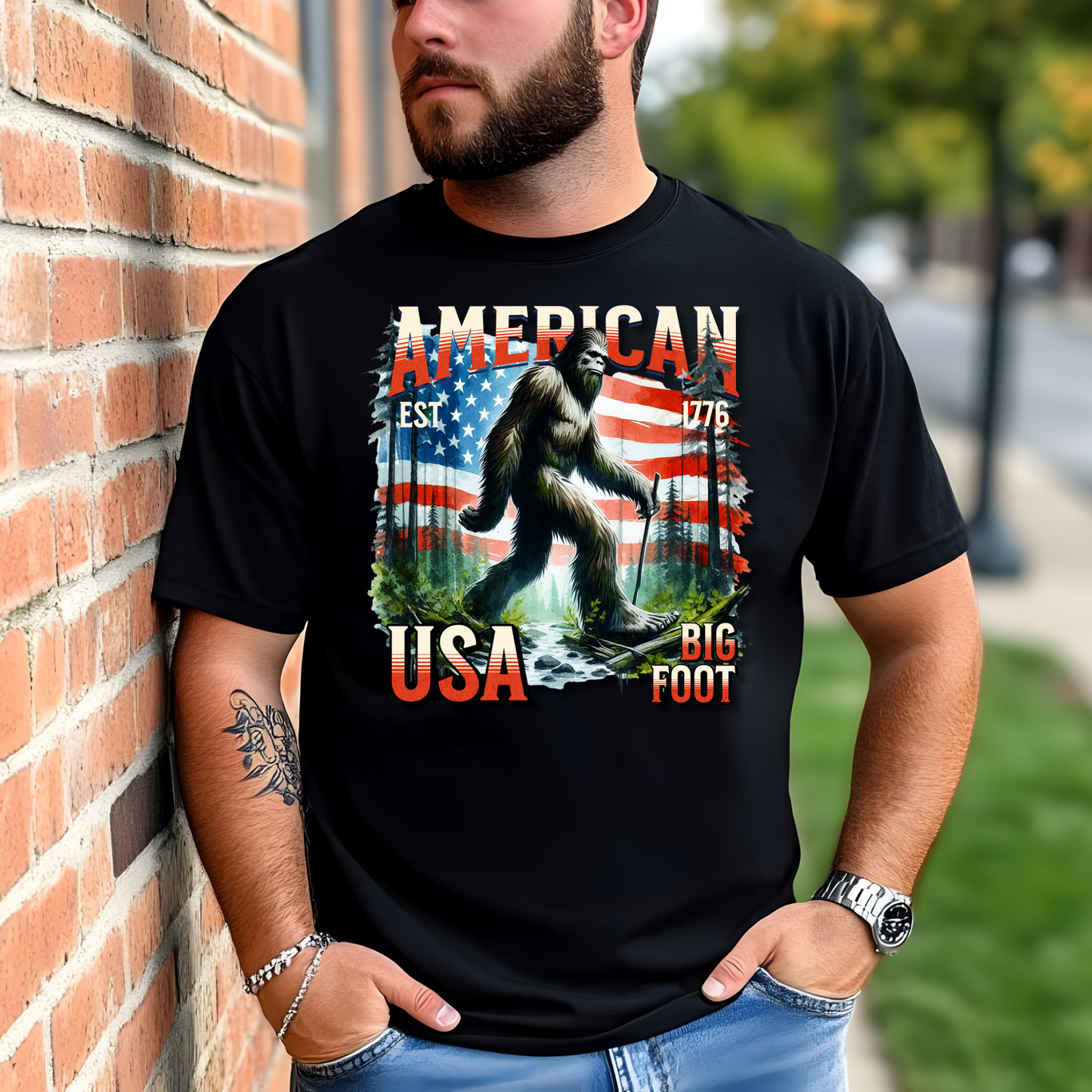 American Bigfoot T-Shirt, Patriotic USA Sasquatch Graphic Tee, Est. 1776 Vintage Style Shirt, Patriotic Gift