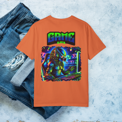 Game Slayer T-Shirt, Neon Predator Gaming Graphic Tee, Sci-Fi Gamer Shirt, Bright Retro Design