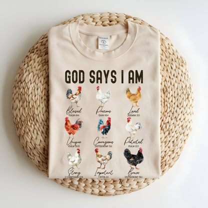 God Says I Am Chicken T-Shirt, Christian Farm Tee, Bible Verse Shirt, Inspirational Faith Shirt, Unique Rooster Design Tee, Religious Graphic Tee