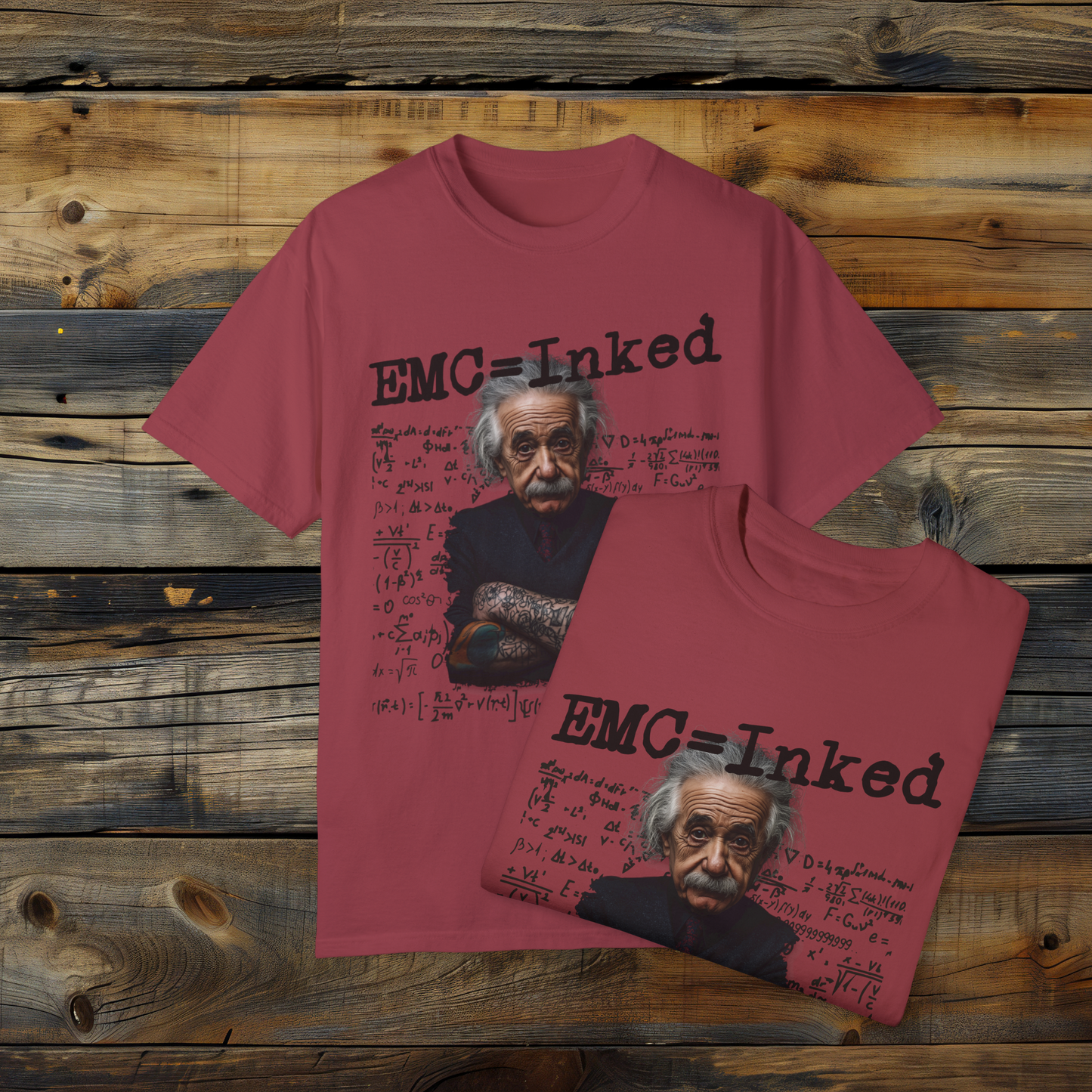 EMC=Inked T-Shirt, Tattooed Einstein Graphic Tee, Funny Science and Math Humor Shirt, Unique Physics Lover Apparel