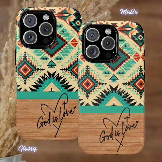 God is Love Phone Case, Christian Aztec Pattern iPhone Cover, Wooden Faith-Based Case, iPhone Case, Samsung Case, Google Pixel Case, Tough Protective Cover