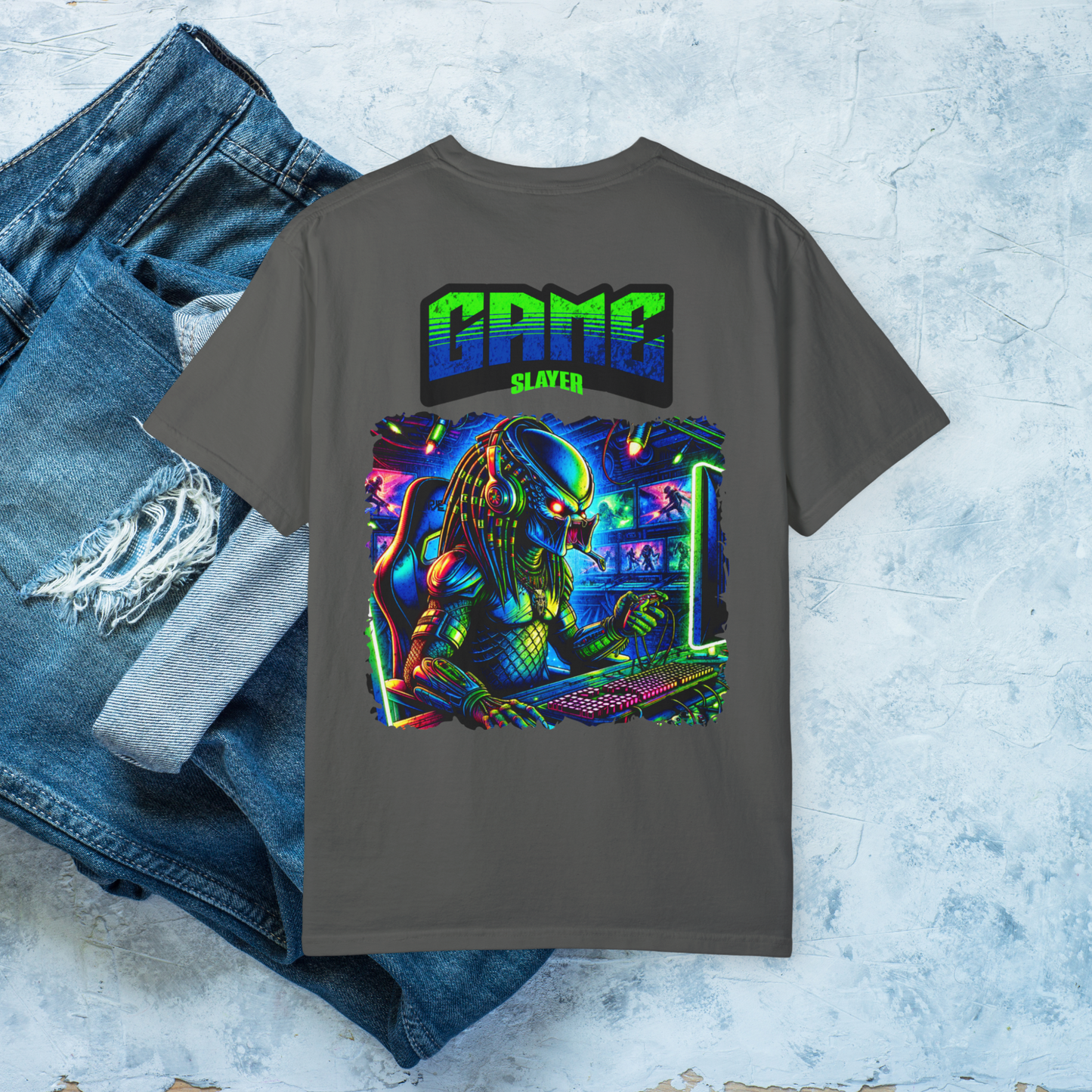 Game Slayer T-Shirt, Neon Predator Gaming Graphic Tee, Sci-Fi Gamer Shirt, Bright Retro Design