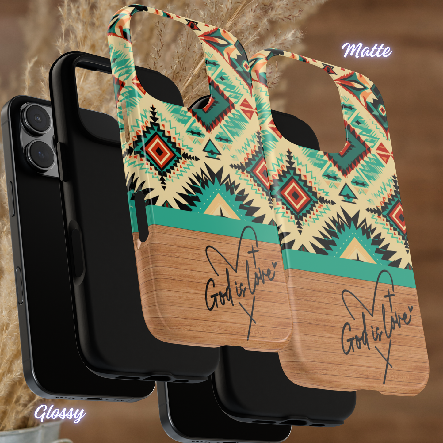 God is Love Phone Case, Christian Aztec Pattern iPhone Cover, Wooden Faith-Based Case, iPhone Case, Samsung Case, Google Pixel Case, Tough Protective Cover