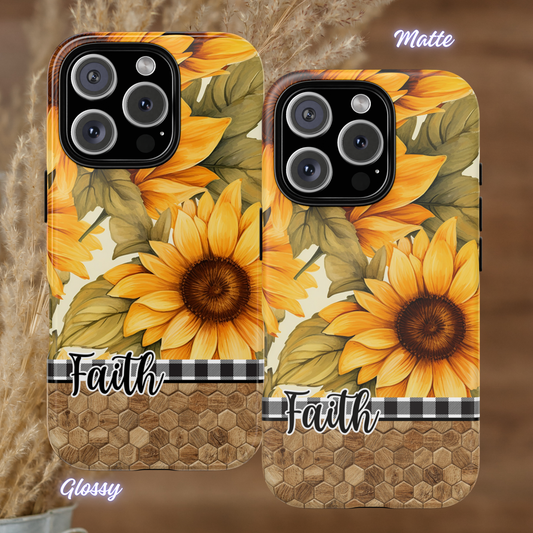 Sunflower & Faith Phone Case, Christian Floral iPhone Cover with Buffalo Plaid and Wood Pattern, iPhone Case, Samsung Case, Tough Protective Cover