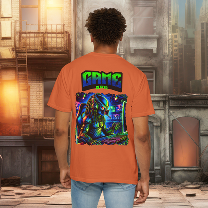 Game Slayer T-Shirt, Neon Predator Gaming Graphic Tee, Sci-Fi Gamer Shirt, Bright Retro Design