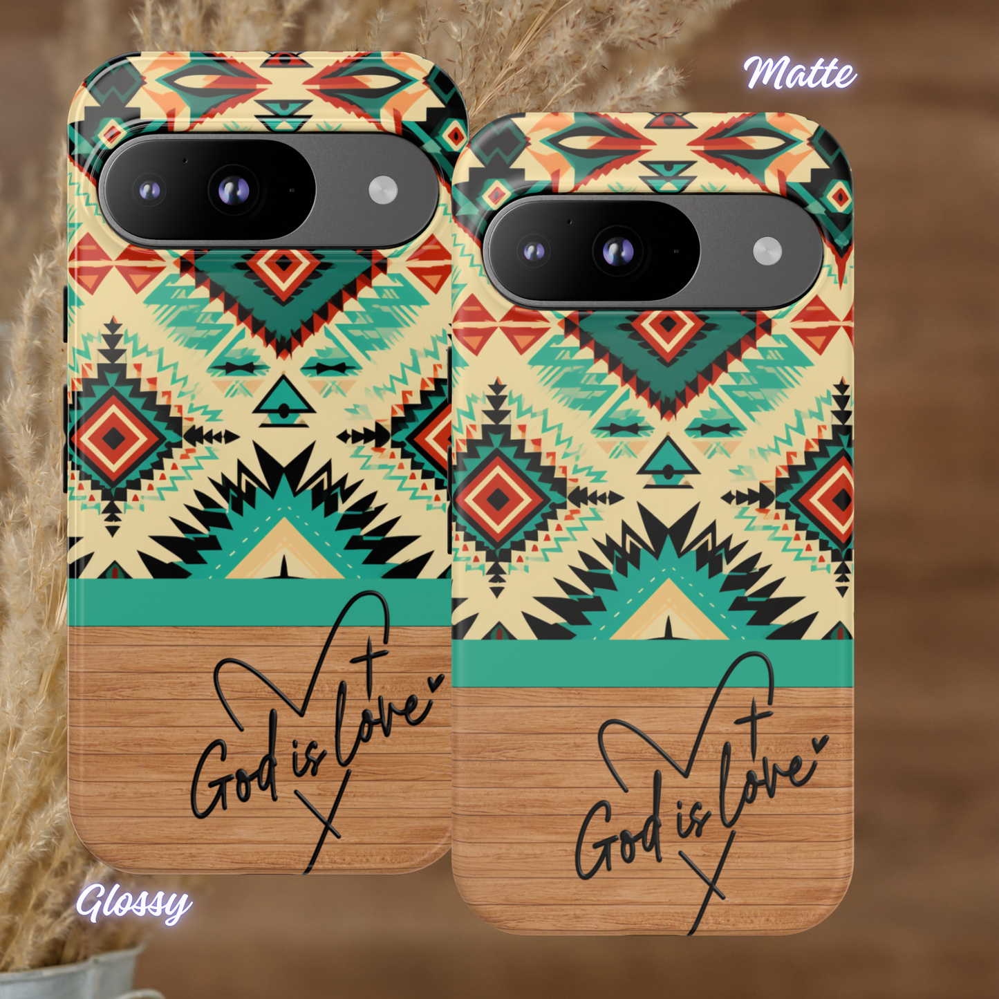 God is Love Phone Case, Christian Aztec Pattern iPhone Cover, Wooden Faith-Based Case, iPhone Case, Samsung Case, Google Pixel Case, Tough Protective Cover