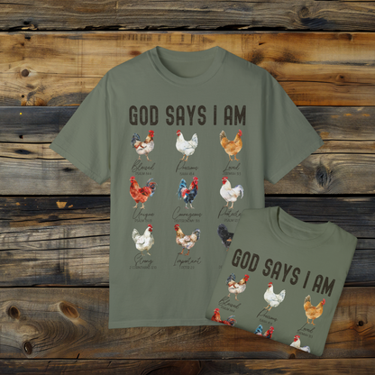 God Says I Am Chicken T-Shirt, Christian Farm Tee, Bible Verse Shirt, Inspirational Faith Shirt, Unique Rooster Design Tee, Religious Graphic Tee