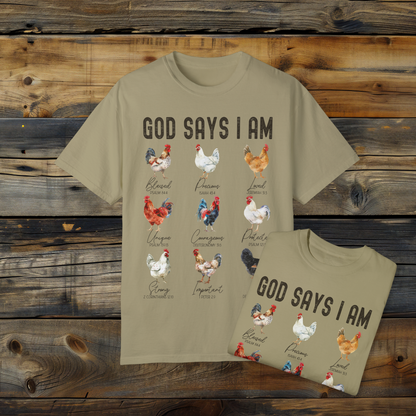 God Says I Am Chicken T-Shirt, Christian Farm Tee, Bible Verse Shirt, Inspirational Faith Shirt, Unique Rooster Design Tee, Religious Graphic Tee