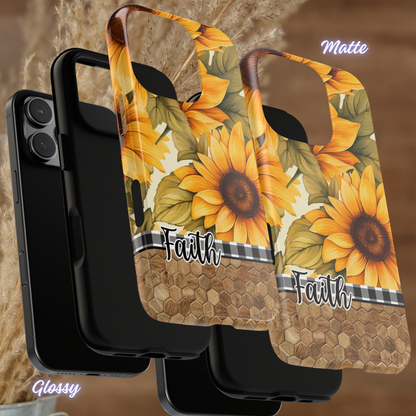 Sunflower & Faith Phone Case, Christian Floral iPhone Cover with Buffalo Plaid and Wood Pattern, iPhone Case, Samsung Case, Tough Protective Cover