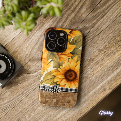 Sunflower & Faith Phone Case, Christian Floral iPhone Cover with Buffalo Plaid and Wood Pattern, iPhone Case, Samsung Case, Tough Protective Cover