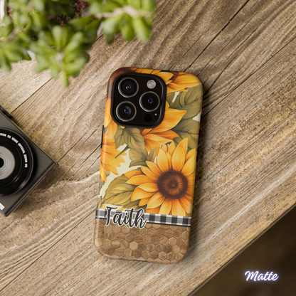 Sunflower & Faith Phone Case, Christian Floral iPhone Cover with Buffalo Plaid and Wood Pattern, iPhone Case, Samsung Case, Tough Protective Cover