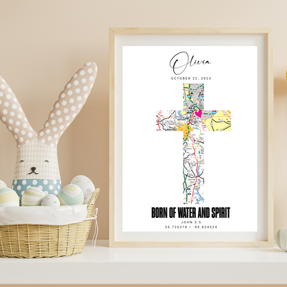 Personalized Cross Map Wall Art Print, Born of Water and Spirit, Baptism Keepsake, Christian Decor