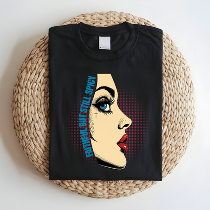 Retro Pop Art Faithful But Spicy T-Shirt, Vintage Style Graphic Tee, Pop Art Christian Tee, Bold Faith Statement Shirt for Women