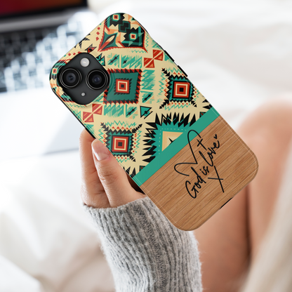 God is Love Phone Case, Christian Aztec Pattern iPhone Cover, Wooden Faith-Based Case, iPhone Case, Samsung Case, Google Pixel Case, Tough Protective Cover
