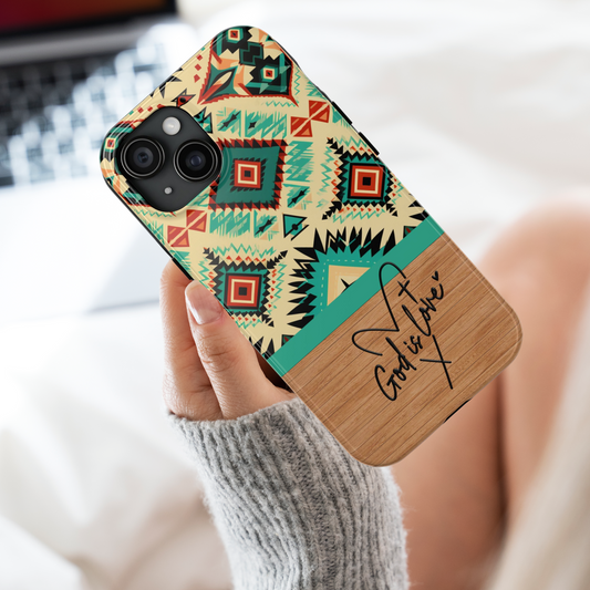God is Love Phone Case, Christian Aztec Pattern iPhone Cover, Wooden Faith-Based Case, iPhone Case, Samsung Case, Google Pixel Case, Tough Protective Cover