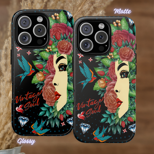 Vintage Soul Floral Phone Case, Retro Tattoo iPhone Cover, Old School Tattoo, Traditional Tattoo, iPhone Case, Samsung Case, Tough Protective Cover