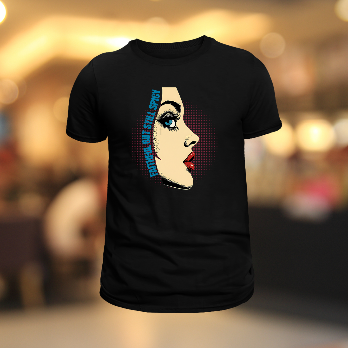 Retro Pop Art Faithful But Spicy T-Shirt, Vintage Style Graphic Tee, Pop Art Christian Tee, Bold Faith Statement Shirt for Women