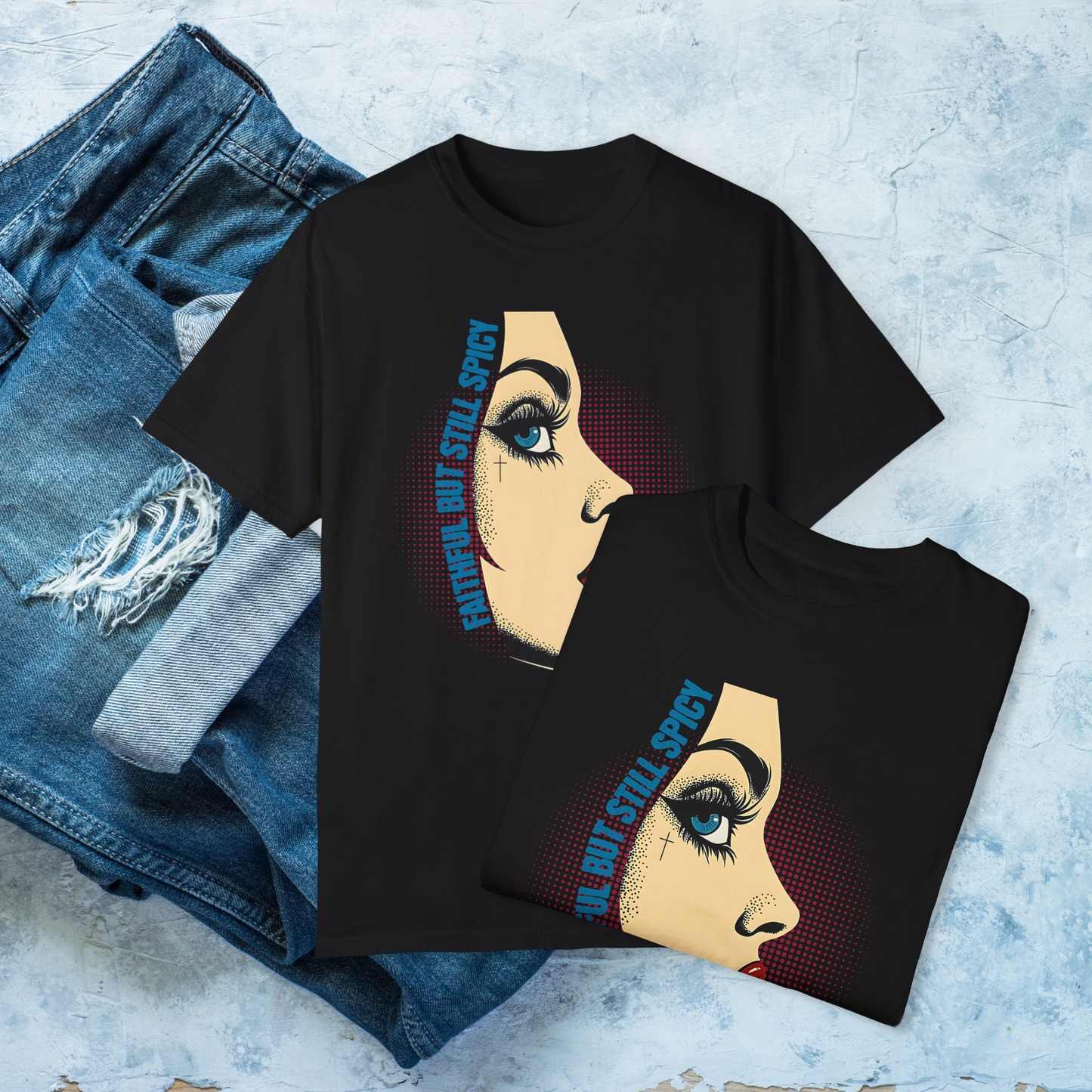 Retro Pop Art Faithful But Spicy T-Shirt, Vintage Style Graphic Tee, Pop Art Christian Tee, Bold Faith Statement Shirt for Women