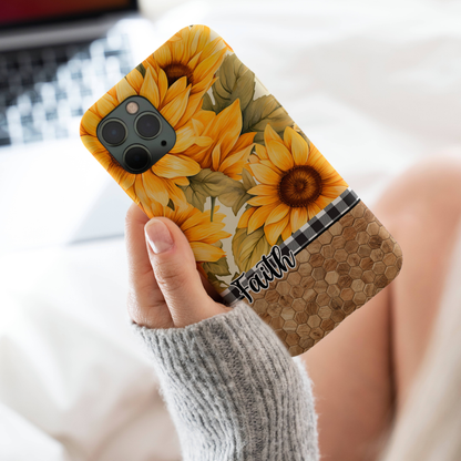 Sunflower & Faith Phone Case, Christian Floral iPhone Cover with Buffalo Plaid and Wood Pattern, iPhone Case, Samsung Case, Tough Protective Cover