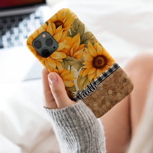 Sunflower & Faith Phone Case, Christian Floral iPhone Cover with Buffalo Plaid and Wood Pattern, iPhone Case, Samsung Case, Tough Protective Cover