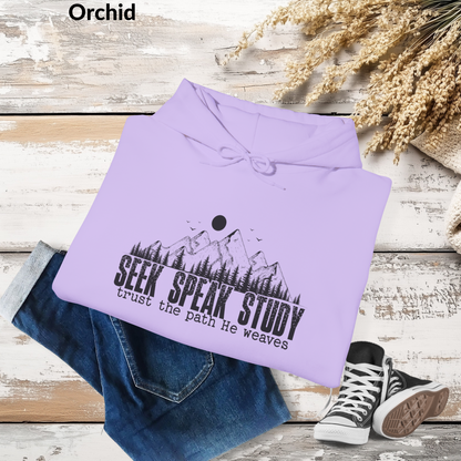 Seek Speak Study, Trust the Path He Weaves Christian Mountain Hoodie, Inspirational Hoodie, Outdoors, and Everyday Wear